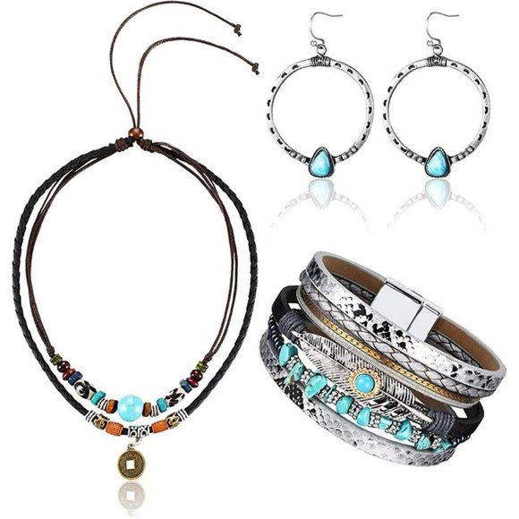 New 4 Pieces Western Jewelry for Women Bohemian Turquoise Pendant Choker… - Picture 1 of 5